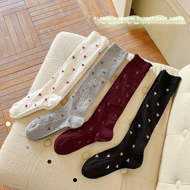 Spring-Summer Retro Ruffle Floral Fishbone Hollow Knee-High Calf Socks