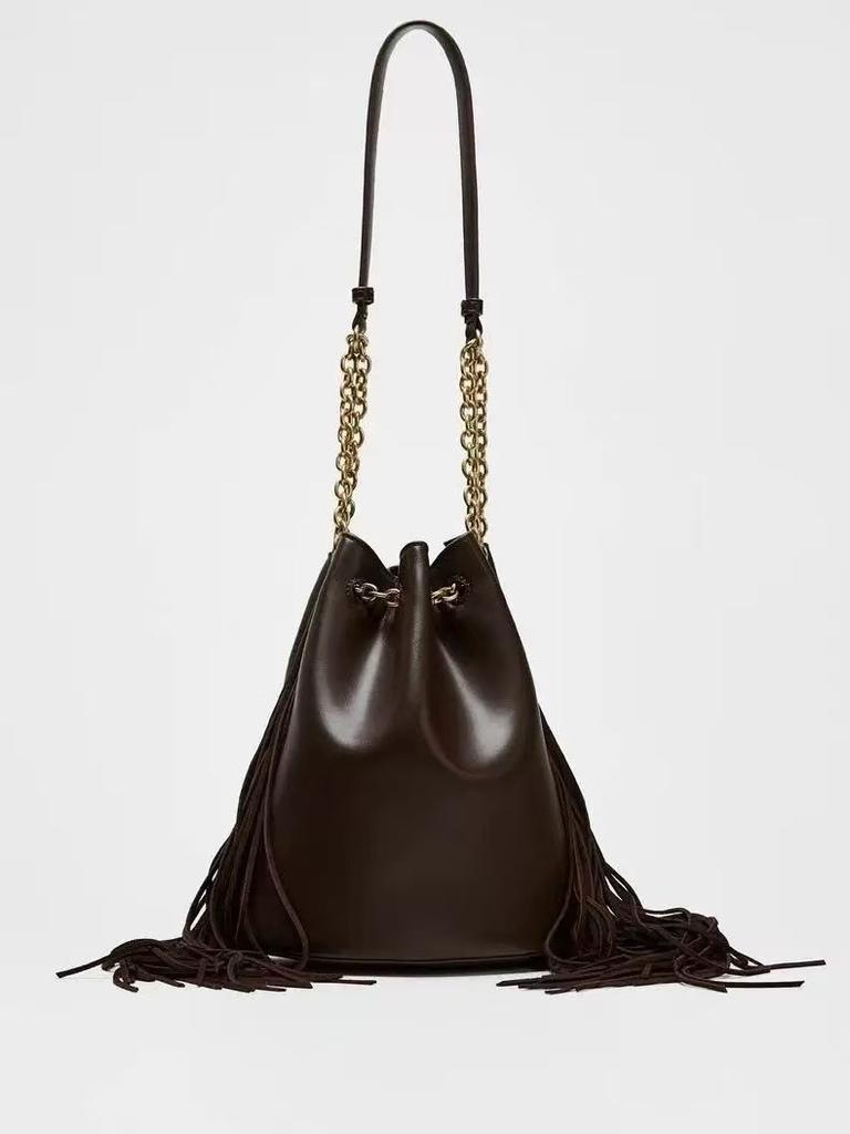 Fashion Long Tassel Bucket Bag Luxury Designer Handbag and Purses Chains Drawstring Shoulder Bag Soft PU Leather Sling Bags