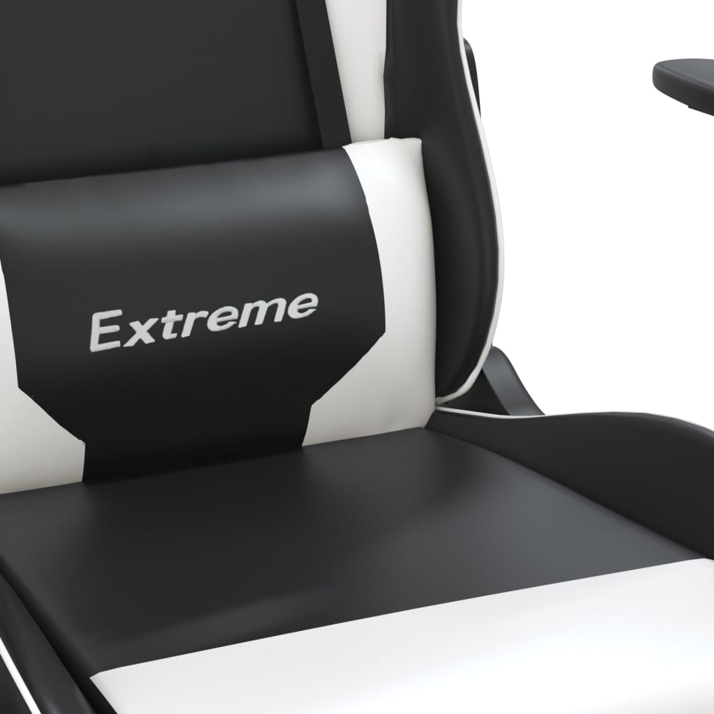 Gaming Chair with Massage Function & Footrest Black & White PU Leather