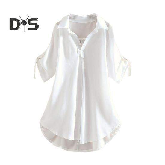 

Женская рубашка с лацканами и половиной рукава, повседневные топы средней длины, сплошной цвет с талией, обтягивающая свободная шифоновая блузка, повседневная одежда L белый