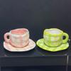 Japanese Underglaze Hand-Painted Green Pink Cloth Plaid Coffee Cup And Saucer Hand-Pinched Irregular Ceramic Cup And Saucer Set