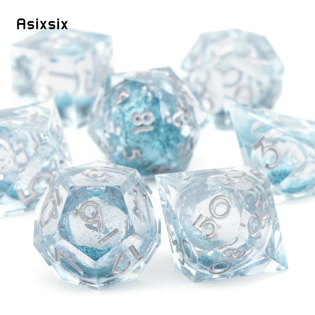 7 Pcs Transparent Blue Resin Flowing Sand White Number Sharp Edge Dice Polyhedral Dice Suitable For Dice PropBoard Game