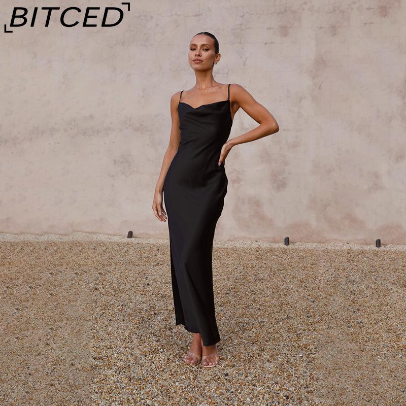 BITCED Women's Spring/Summer Strapless Deep V-Neck Slim-Fit Urban Chic Solid-Colour Dress