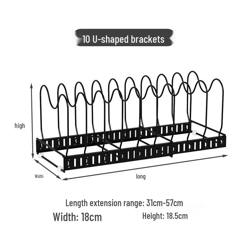 Adjustable Kitchen Storage Rack Organizer for Cookware, Cutting Boards, Pot Lids, and Telescopic Shelf.