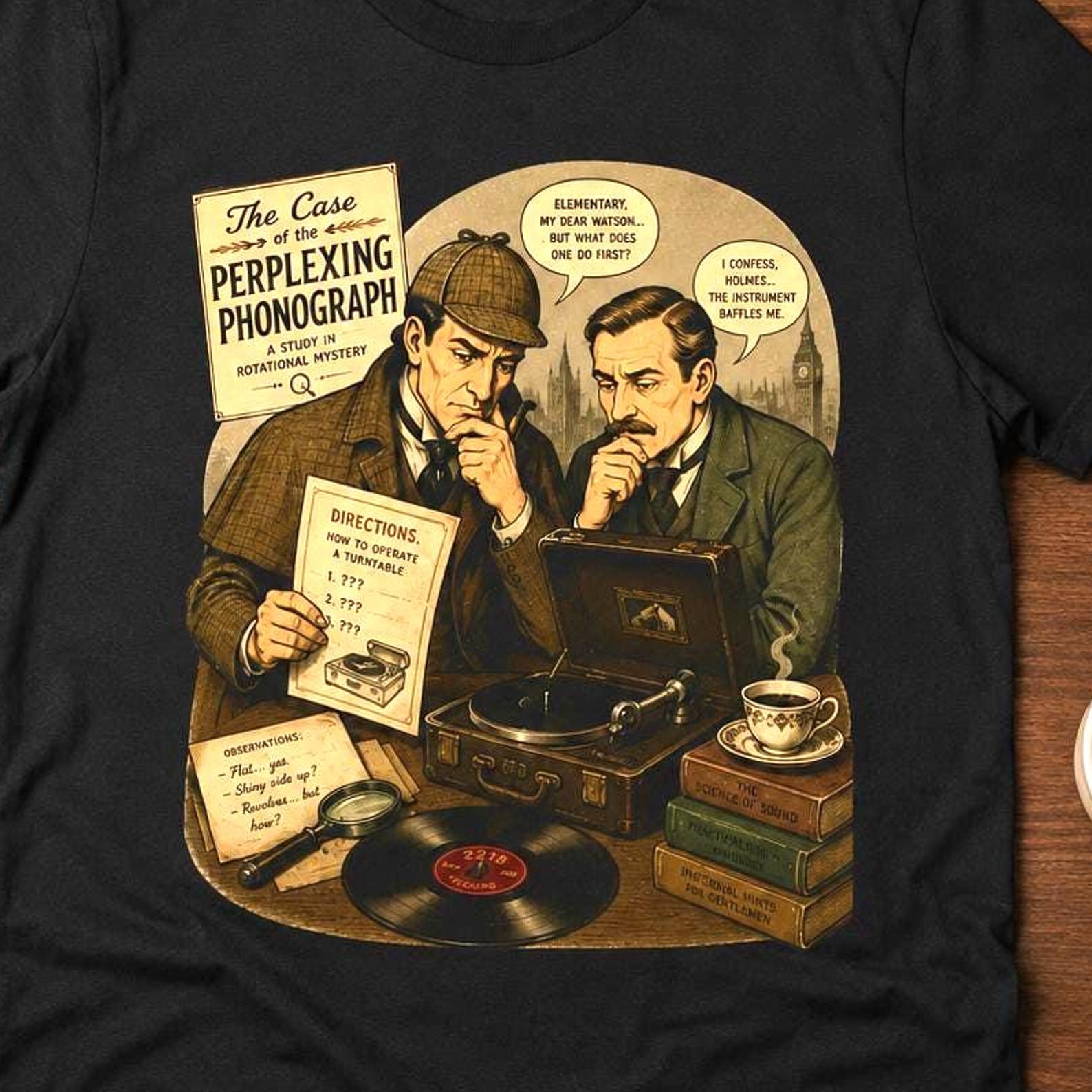 Sherlock Holmes Shirt Vinyl Record Tee | Perplexing Phonograph Audio Humor T-Shirt | Funny Detective Graphic Apparel, Bookish Audiophile Top XL