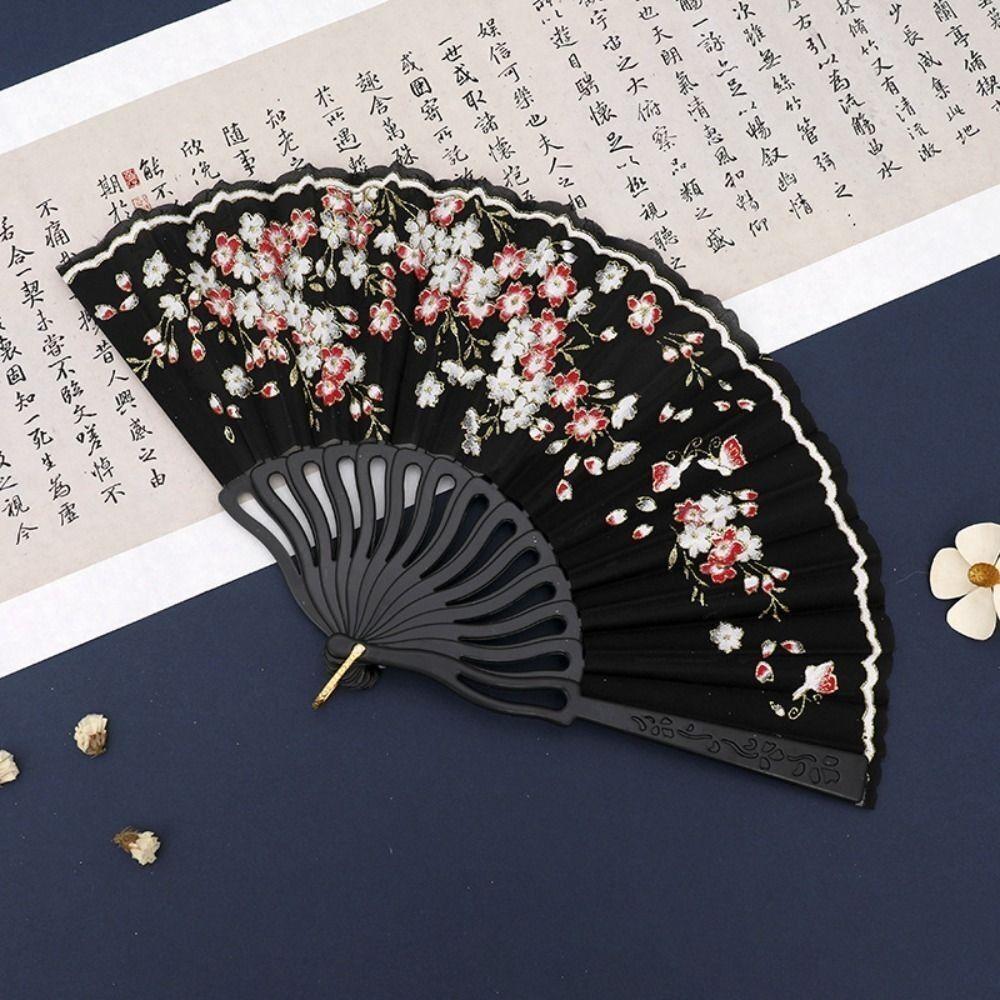 Elegent Chinese Style Plum Blossom Fan Plastic Dance Performance Props Antique Folding Fan Flower Pattern Cloth Dance Fan