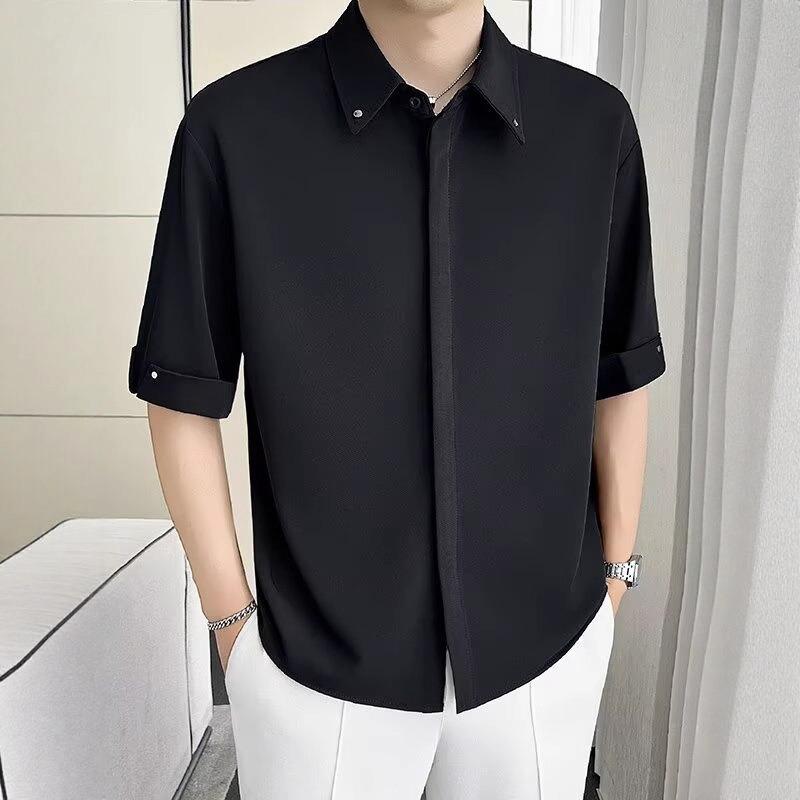 Men's Rolled-Cuff Half-Sleeve Shirt - Lightweight Wrinkle-Resistant Fabric, Versatile Fit for Daily & Occasion Wear