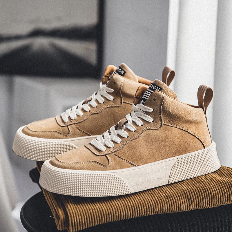 Men's Korean Style High-Top Skate Sneakers - Leather, Thick Sole, Height-Increasing, Trendy Casual Shoes for Teens (Spring/Autumn)