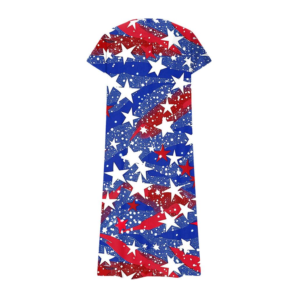Women’s Short Sleeve V Neck Maxi Dress with Star Print Loose Fit Casual Summer Long Dress for Daily Wear