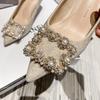H9883-6 Rhinestone Pearl Square Buckle Single Shoes Women's New Black Etiquette Shoes Girl Pointed High Heels