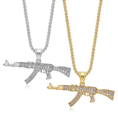 Hot-selling Hip Hop Jewelry Titanium Steel Gold-plated Diamond-studded AK47 Pendant Necklace