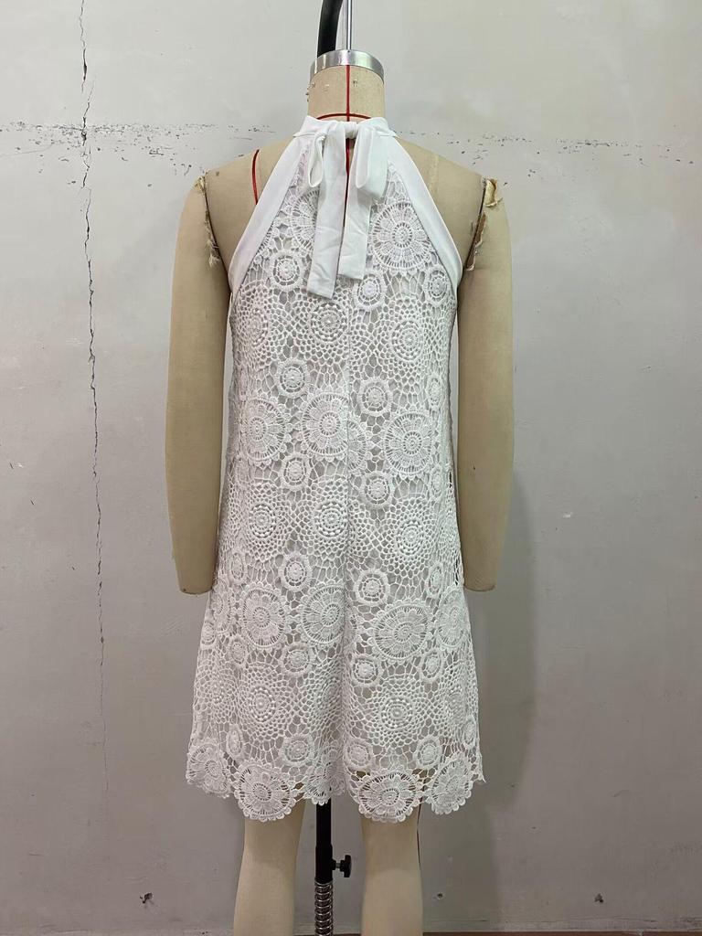 European & American Summer 2026 Sweet Holiday Halter Neck Jacquard Sleeveless White Dress