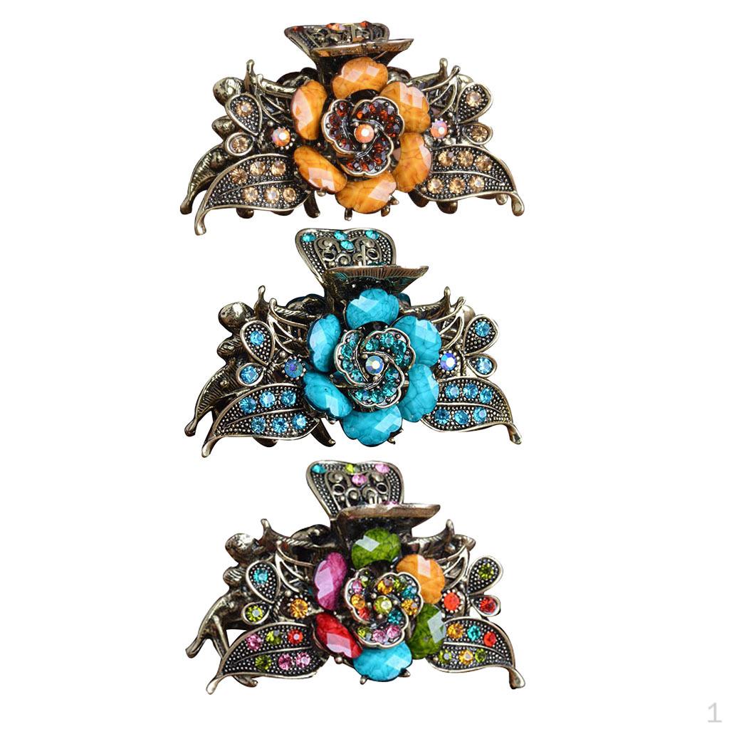 

3x Retro Turquoise Flower Jaw Clip Metal Non-Slip Clamp