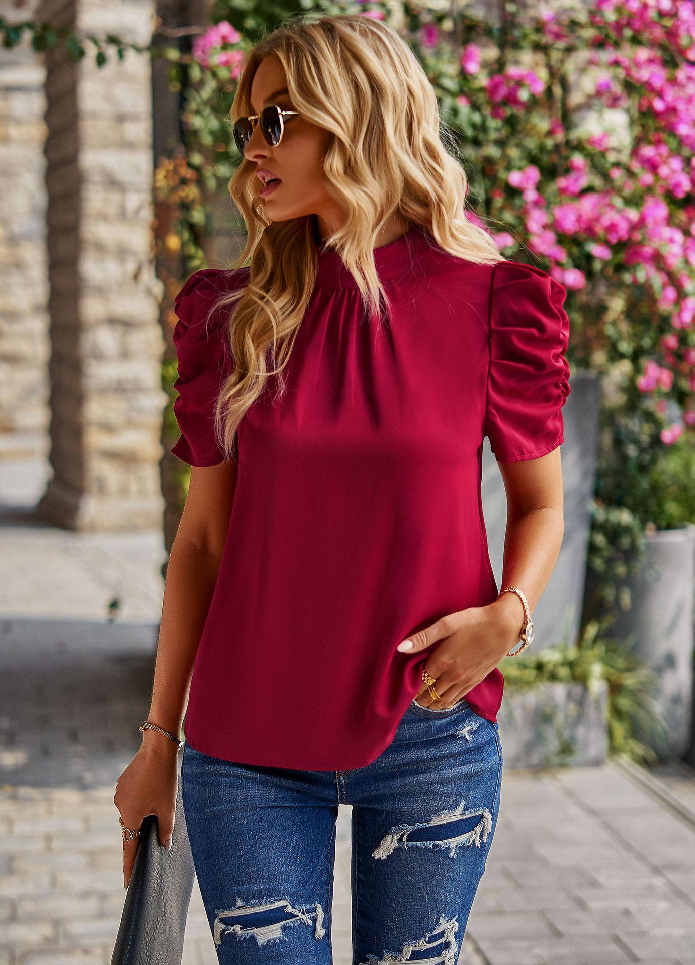 

Diyun s 2023 Summer Women s Solid Color Loose-Fit Round Neck Shirts XL вино красного