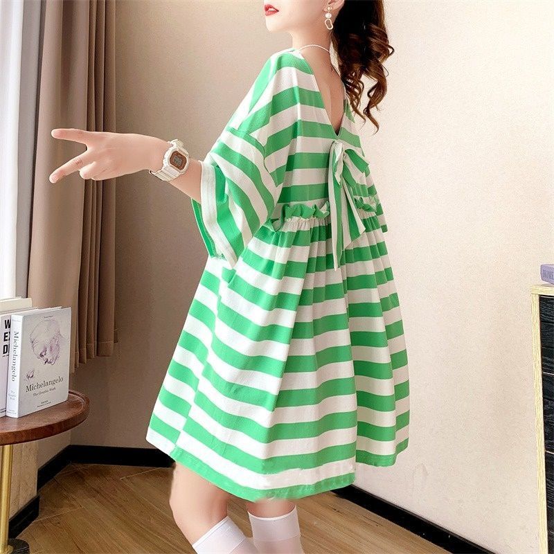 Fashion O Neck Loose Striped Ruffles Bow Backless T Shirt Clothing Summer Oversized Korean Casual Tee Shirt