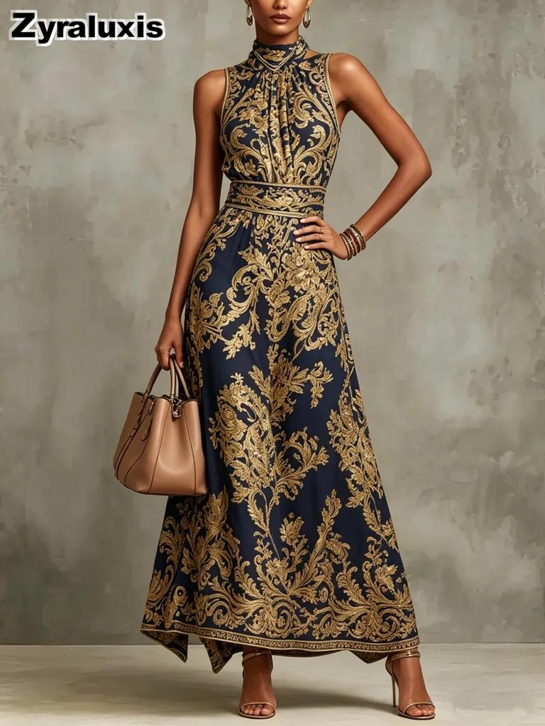 Vintage Golden Embroidery Long Sleeve Dress Slim Fit Evening Party Wedding Formal Gown for Women