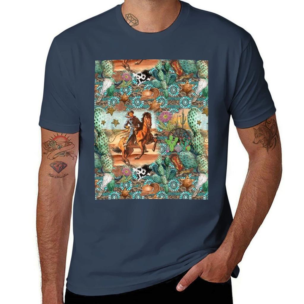 Jewelry, T Cotton Cactus Cowhide and Man Graphic Cowboy for Shirt T Vintage Men Shirts Turquoise with 100% T-Shirt