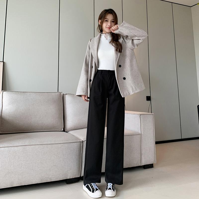 

Маленькие осенние и зимние новые шерстяные повседневные длинные брюки для женщин с одной пуговицей и высокой талией, прямые, утолщенные шерстяные широкие брюки 4XL чёрный