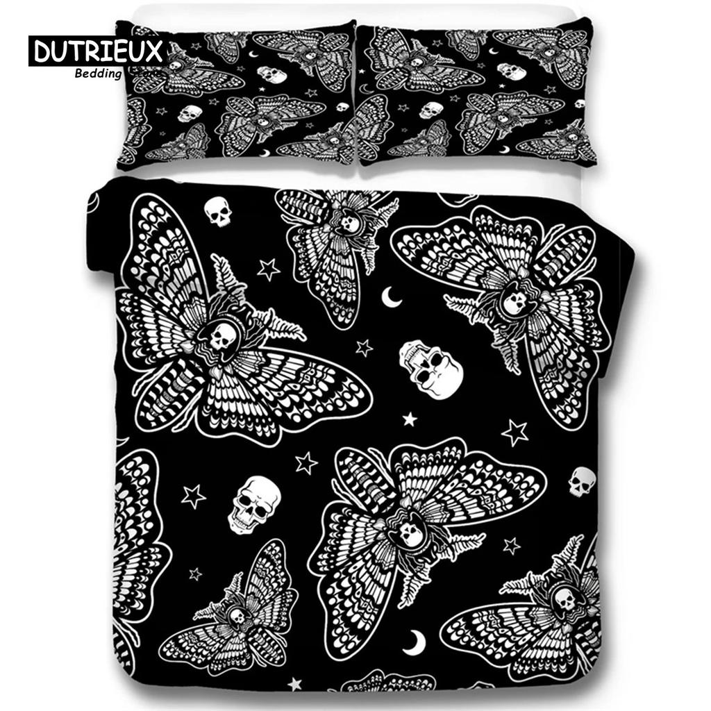 Gothic Skull Bedding Set Decorative Death Moth And Flowers Print Duvet Cover Personalized Skeleton Bones Butterfly Pillowcases