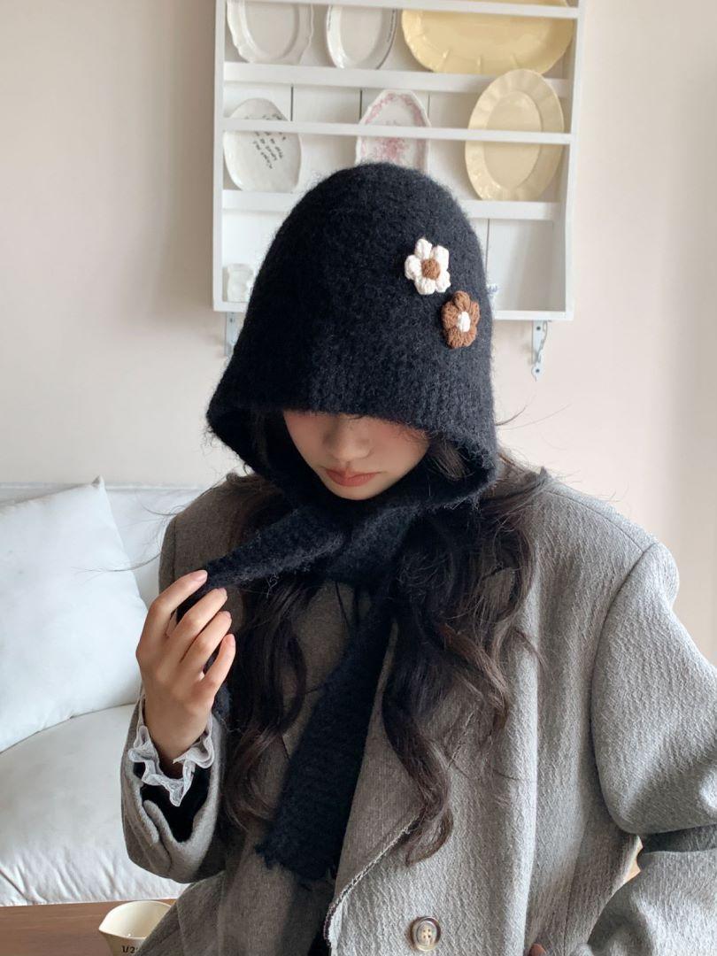 

Винтажная вязаная балаклава с цветком ручной работы, женская зимняя теплая вязаная шапка-шарф с интегрированной защитой ушей, шерстяная шапка adult average size