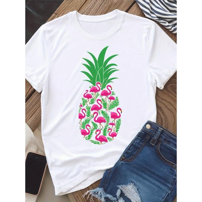 

Женская белая футболка с принтом ананасов и фламинго | Короткий рукав, круглый вырез, свободный крой, тропическая гавайская пляжная футболка, повседневный летний наряд для отпуска S белый