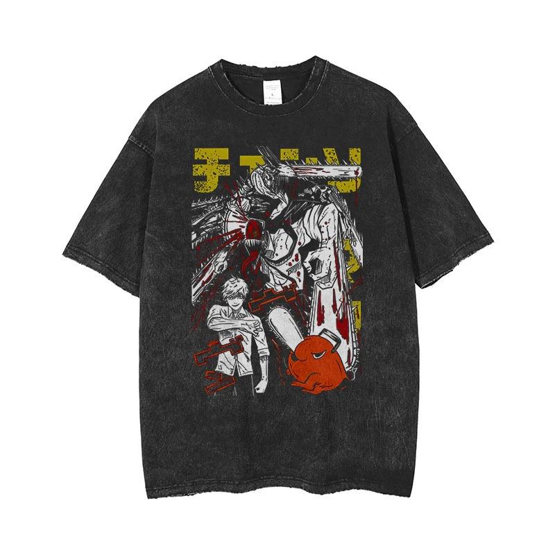 Anime Chainsaw  Man  Acid T shirt  Retro Vintage Washed Printed Graphic T Shirt Women Harajuku Cotton Short Sleeve Tshirt