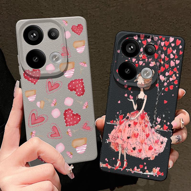 Lovely Girl Heart Print Case For Xiaomi 13T Pro Redmi Note 15 Pro 4G Redmi Note 14 13 Pro+ 5G Leather Texture Silicone Cover