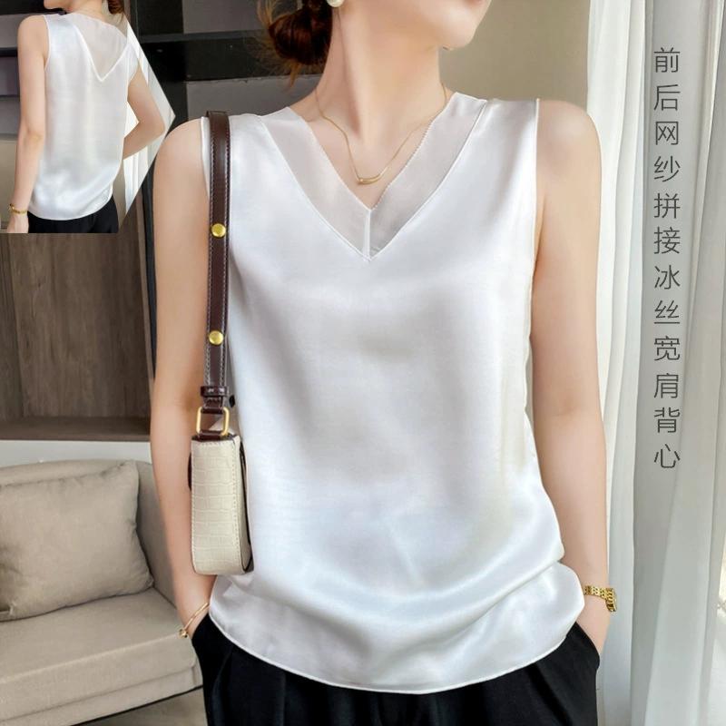Camisole en soie glacée à col en V et épaules larges pour femme