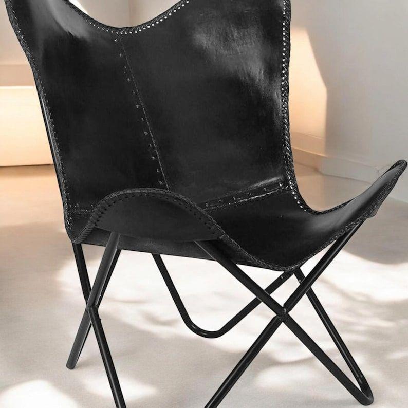 Black Leather Butterfly Chair Living Room Relaxing Accent Chair Foldable Armrest Handmade Chair Home Decor Retro Butterfly Chair Gifts