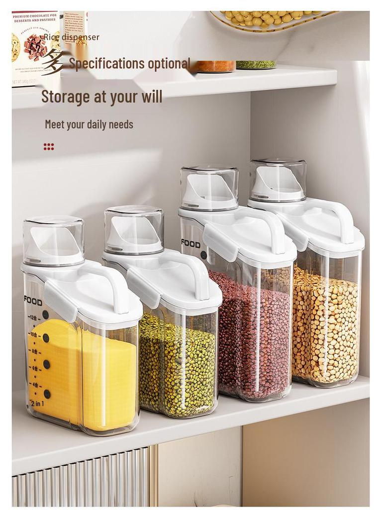 Transparent Portable Sealed Container with Measuring Cup for Grain, Cereal, Rice, Cat Food - Moisture & Insect Proof Kitchen Storage.