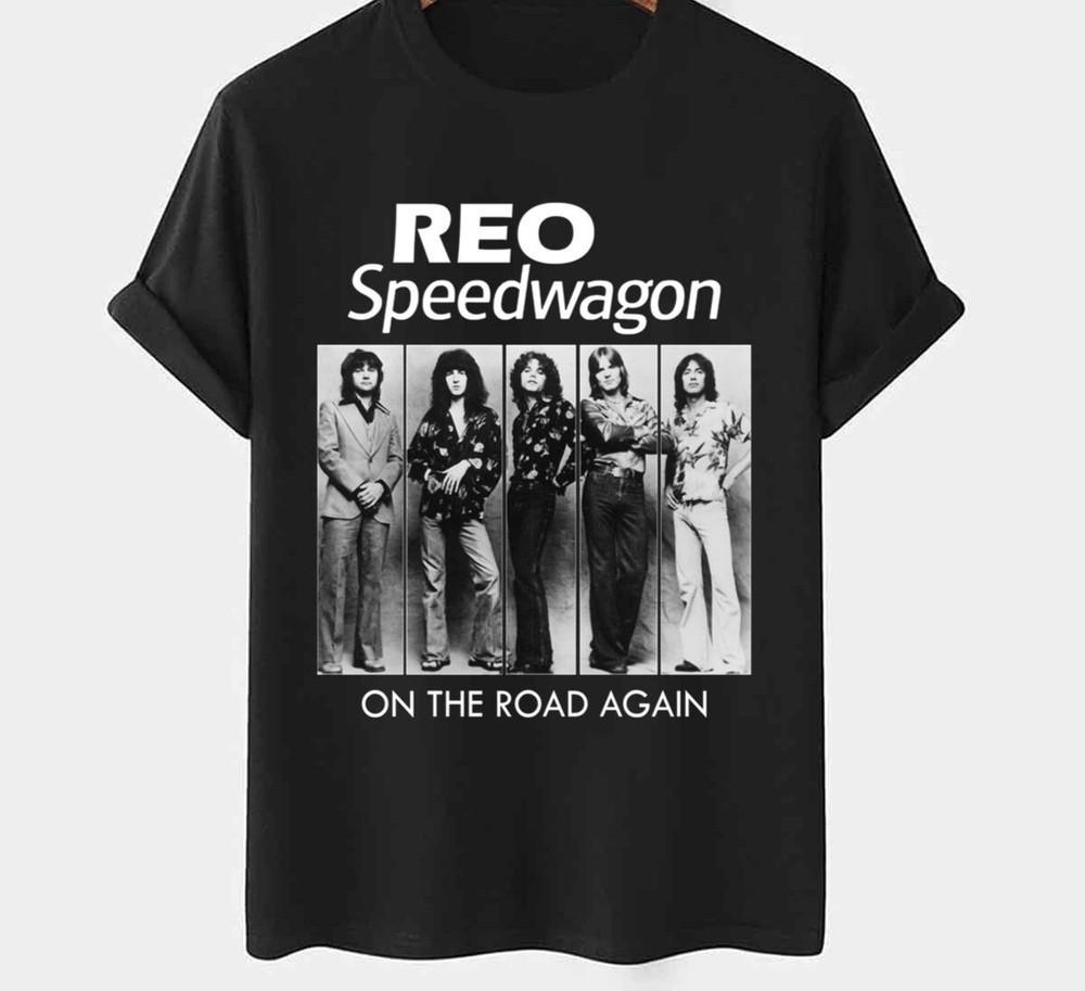 Vtg REO Speedwagon Band On The Road Again Cotton Black S5XL Unisex Shirt XXL