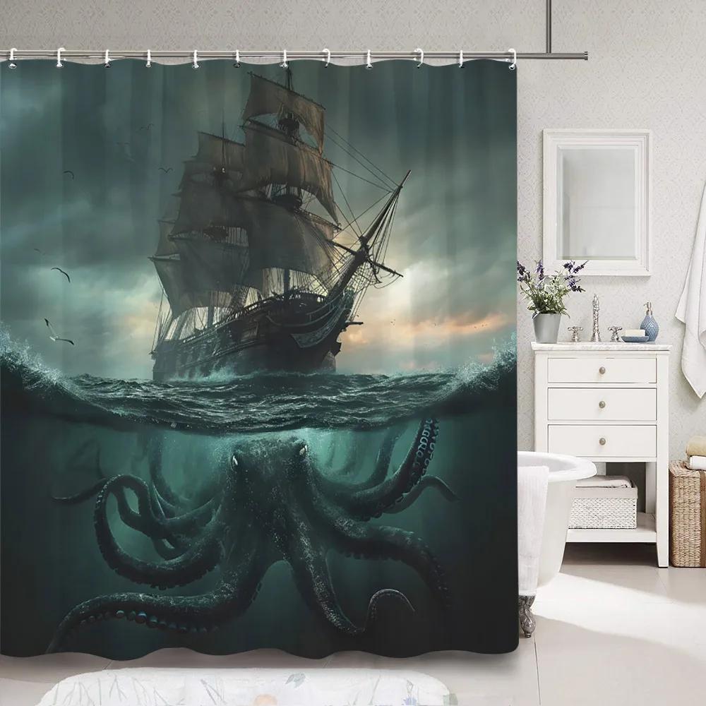 Horror Sea Monster Octopus Shower Curtain Dark Sailboat Ocean Vintage Pirate Ship Wave Polyester Shower Curtains Bathroom Decor