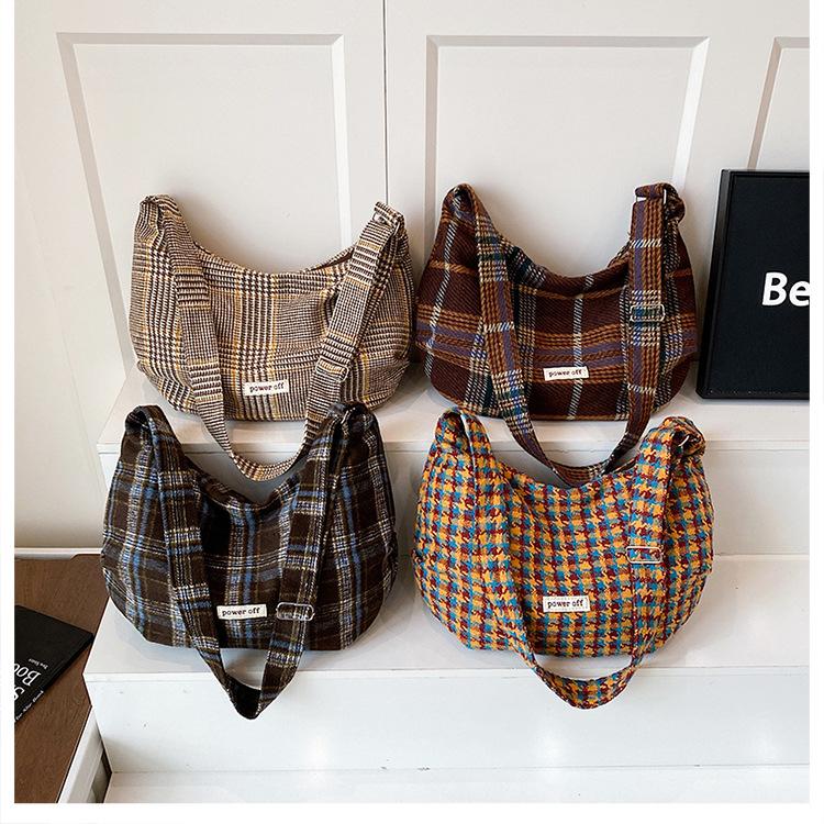 Retro Ctrast Color Plaid Women Woolen Crossbody Bags Versatile Ladies Shoulder Underarm Bag Large Capacity Girls Tote Handbag