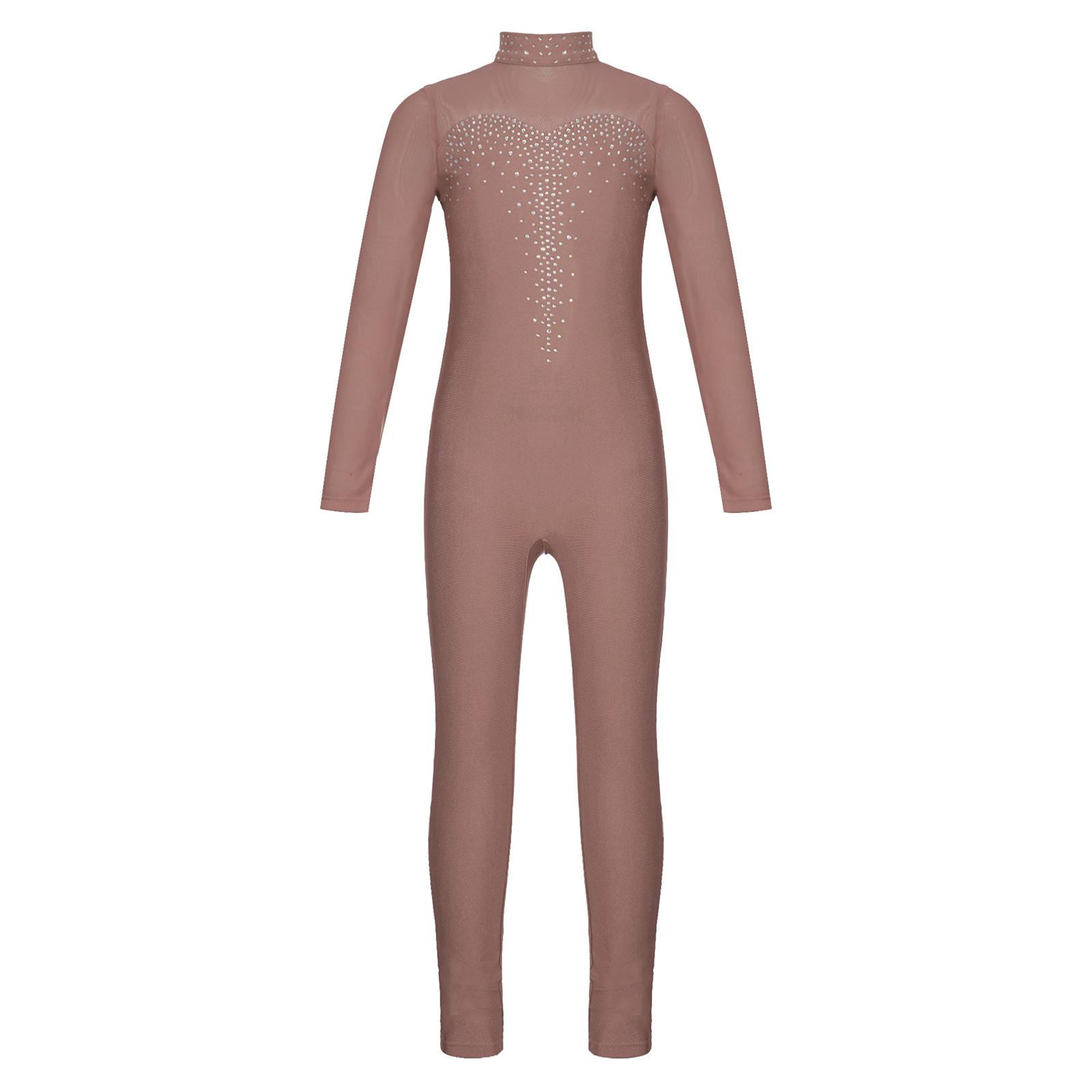 Inlzdz Meisjes Kunstschaatsen Unitard Glanzende Strass Jumpsuit Transparant Mesh Lange Mouw 7-8 Years