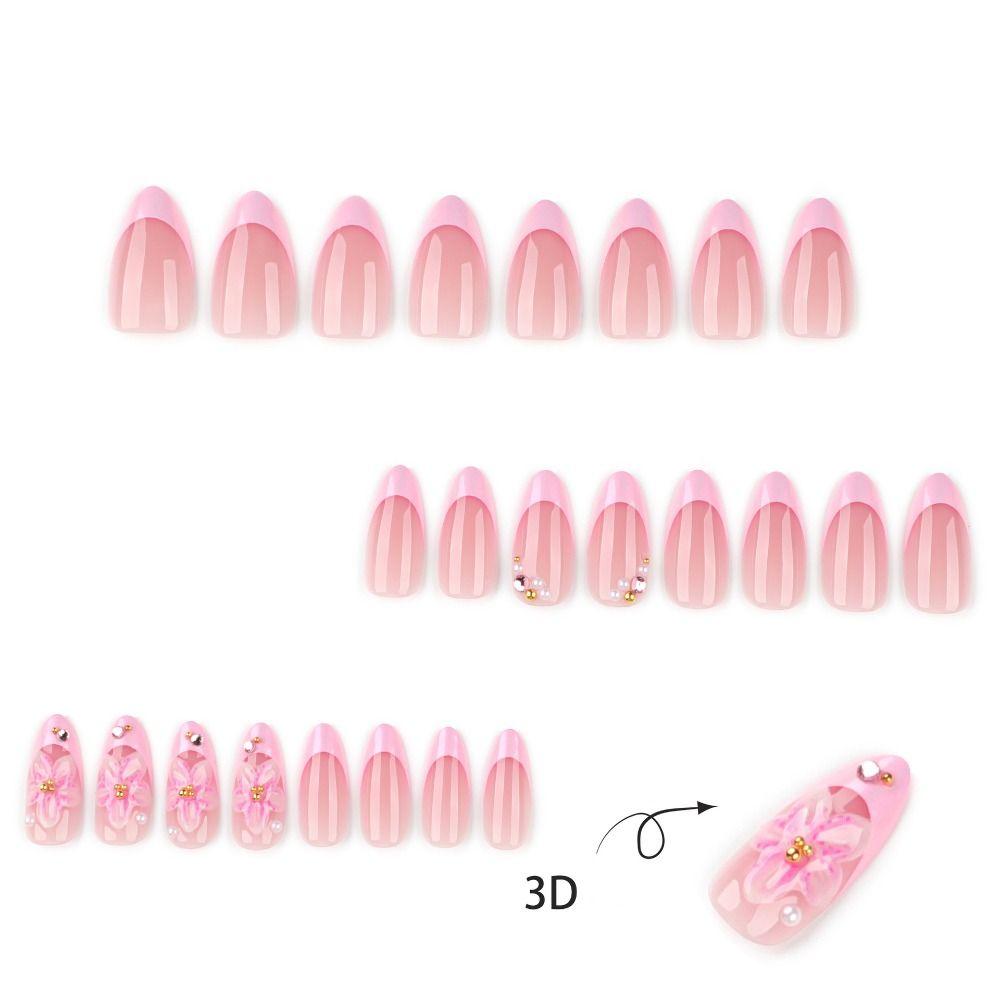 24pcs Long Almond Fake Nails Metallic Bow Press On Nails Manicure False Nails  DIY
