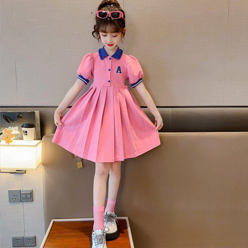 Girls Summer Polo Collar Short Sleeve Dress Preppy Pleated Skirt School Uniform For Big Kids