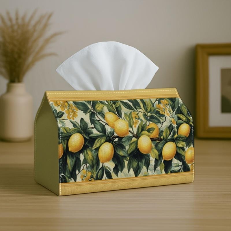 1pc Tissue Box Holder Featuring a Botanical Lemon Branch Design with a Yellow Fruit And Green Leaf Border In Ivory, Made from Durable Polyester. Perfe