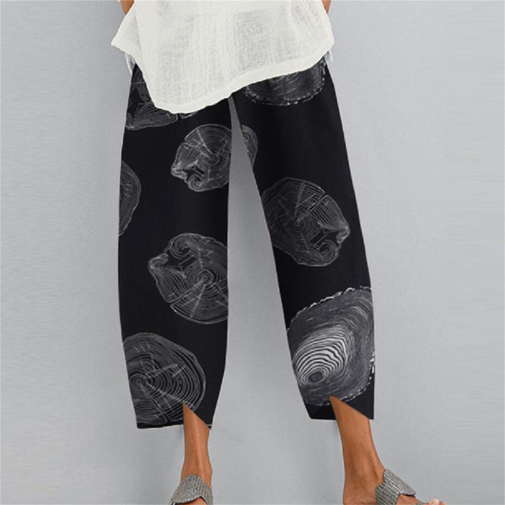 Women Lady Casual Flowers Print Elastic Girdle Waist Wide Leg Pants Trousers