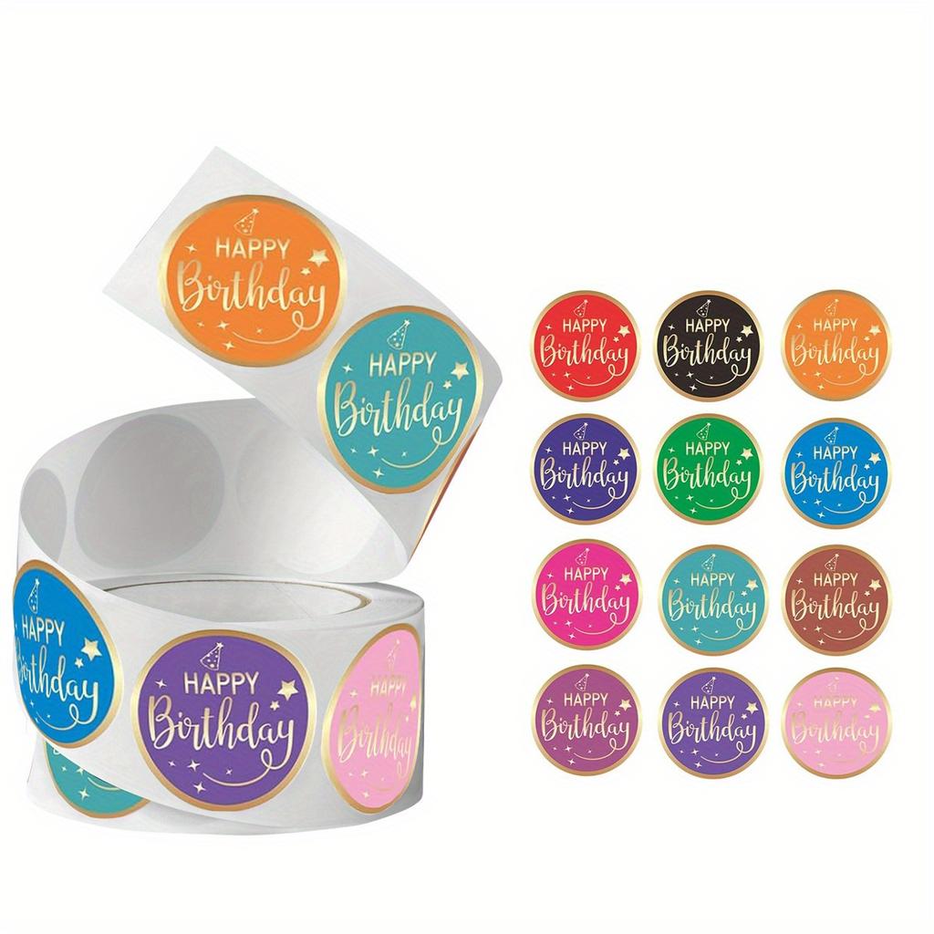 500pcs stickers per roll, Happy Birthday stickers,12 assorted colors, 2.54 cm diameter,perfect for family parties, gift sealing