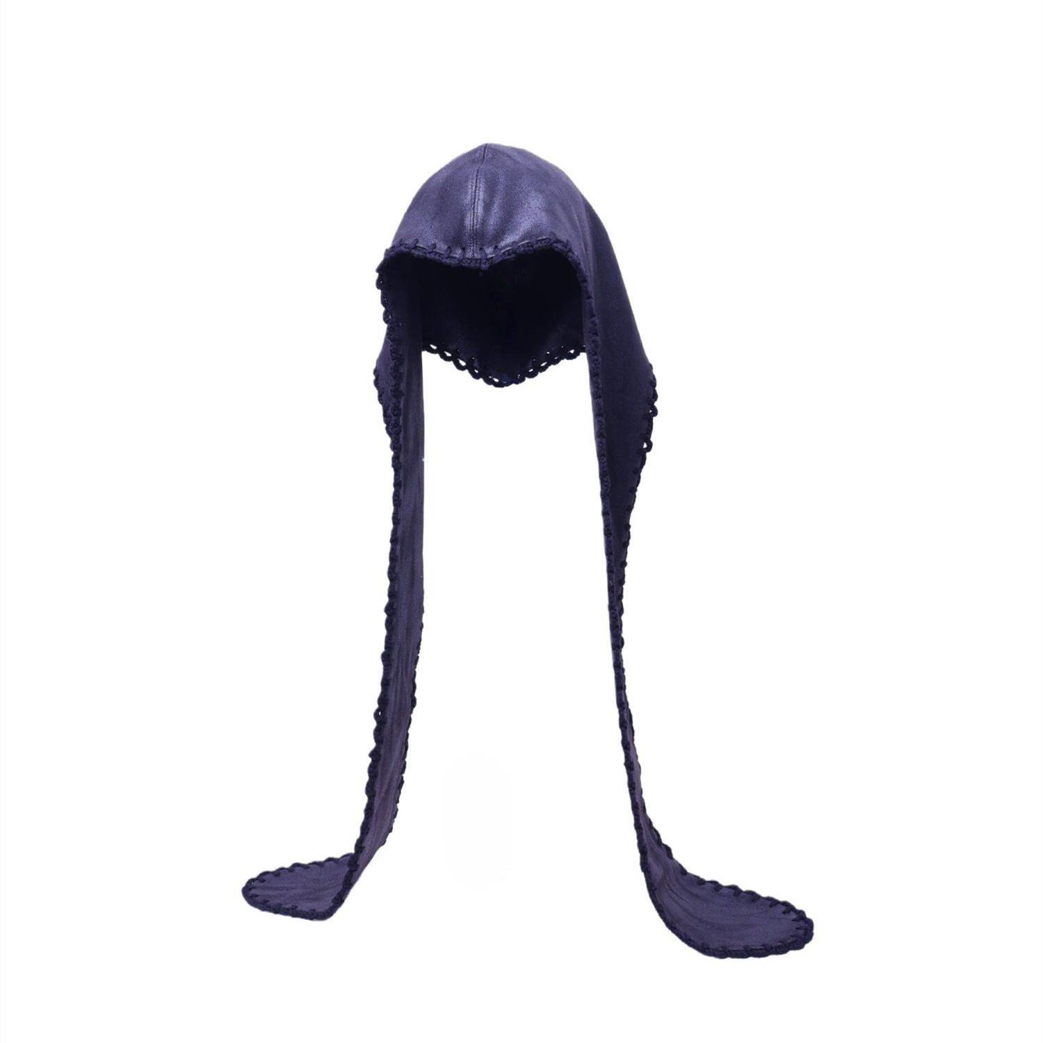 

Handmade Crocheting Brim Vintage Suede Fabric Balaclava Woman Gothic Punk Lace-up Hat Hooded Scarf One Size чёрный