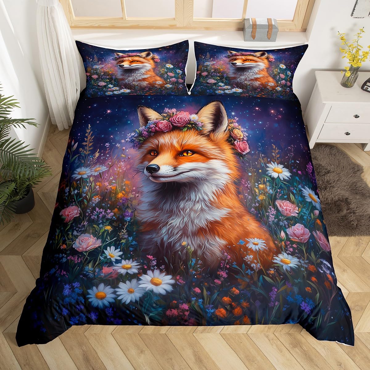 

Snow Fox Duvet Cover Twin Queen for Boys GirlsWoodland Animal Bedding Set Winter Wildlife Comforter Cover Pine Trees Bed Set EU Single(135x200cm)