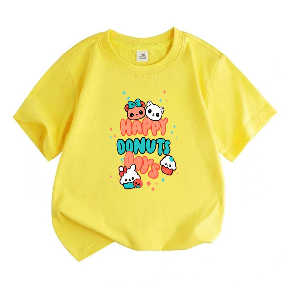 Cute Kawaii Happy Donuts Cartoon Print Kids T Shirt 100% Cot