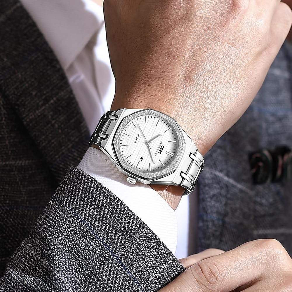 Men's Quartz Business Watch White Luminous Hands Calendar Round Octagonal Bezel 40mm Stainless Steel Japan Movement