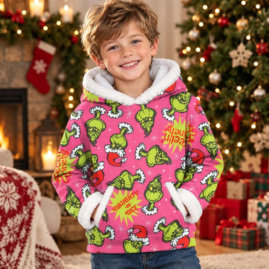 Kids Long Sleeve Christmas Print Hooded Sweatshirt Casual Pullover Top for Holiday
