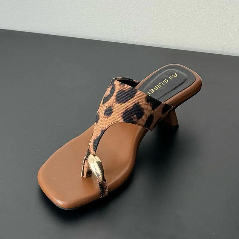 Fashion Metal Women Heels Slippers Sandals Shoes Female Flip flops Footwear Square Toe Ladies Heeled Slippers Slides Shoes