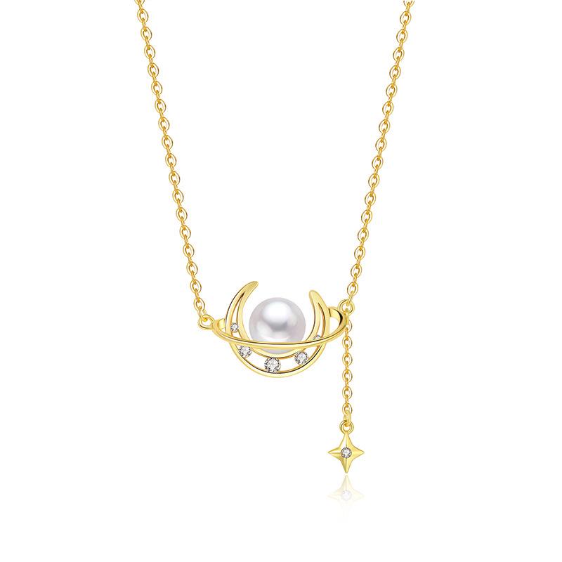 Wangdins Style Freshwater Pearl & Sterling Silver Star and Moon Tassel Necklace for Best Friends 925 Sterling Silver
