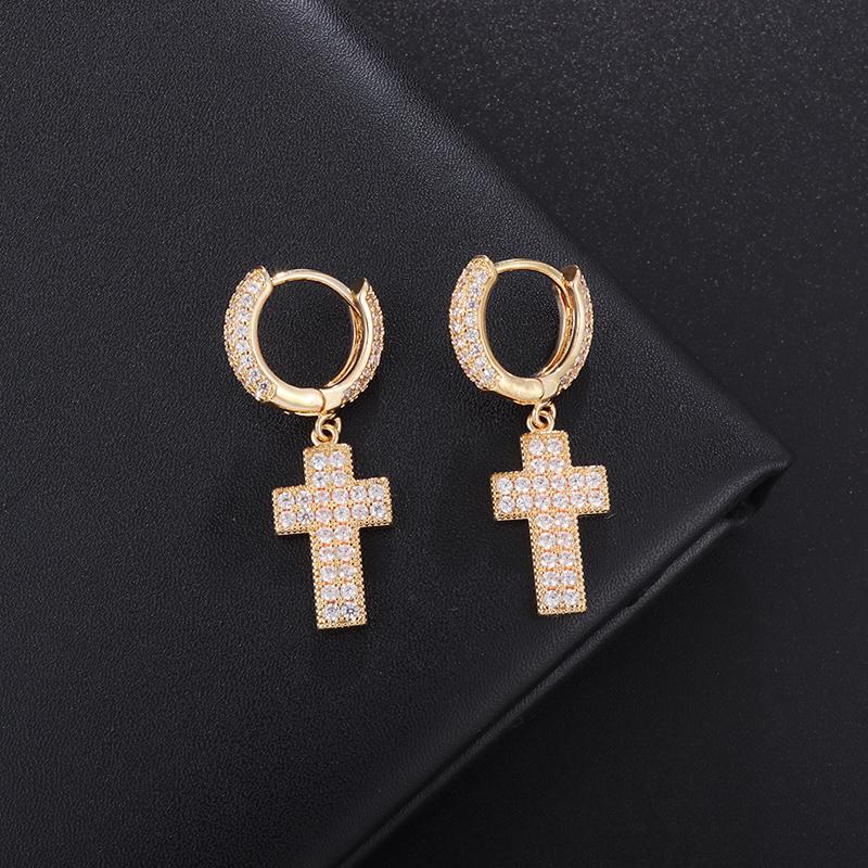 Hip Hop Iced Out Cross Dangle Earrings for Men Women Bling Silver Color Cubic Zircon Earrings Anti Allergy