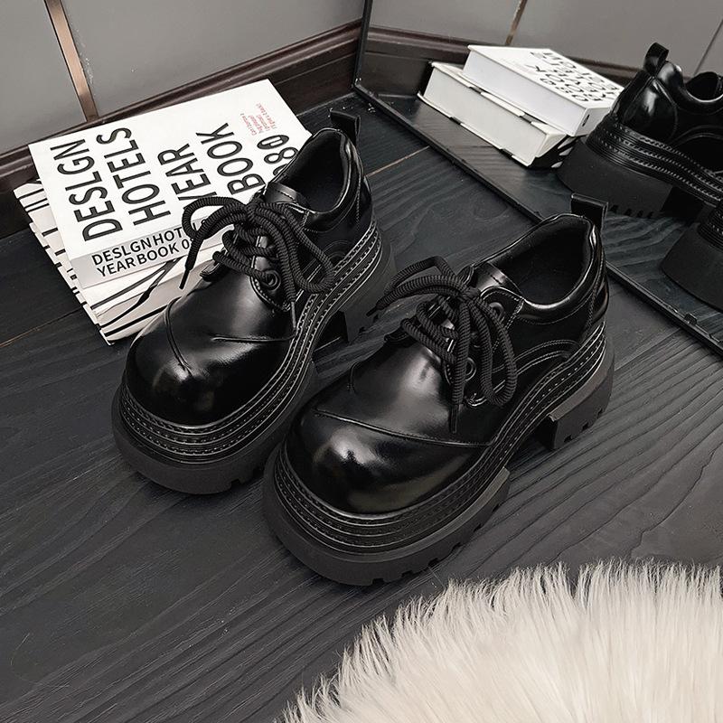 British Style Round Head Platform Small Leather Shoes 2025 New Spring and Summer Lace-up Derby Shoes Small Heightening Loafers