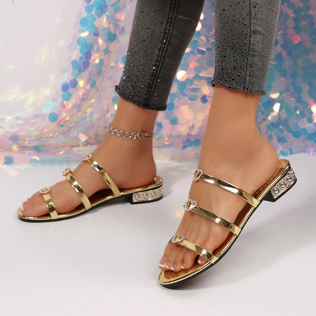 Flat-bottomed slippers summer new large size one-word with rhinestone cool slippers Slippers