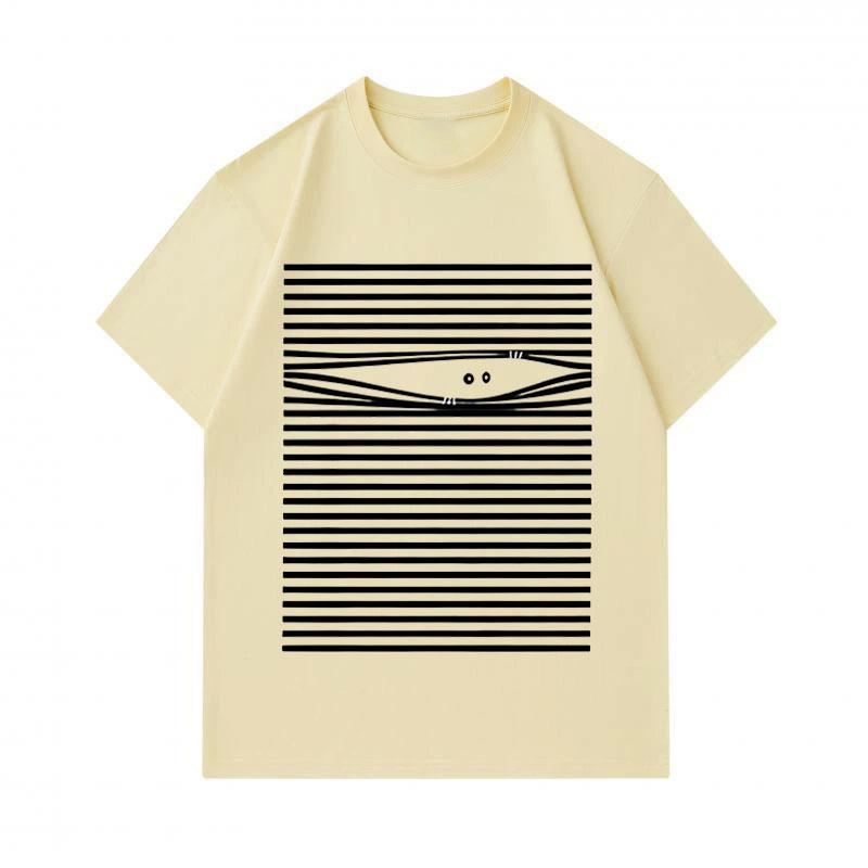 Men's 100% Cotton Crew Neck Short Sleeve T-Shirt, Minimal Striped Hidden Abstract Face Optical Illusion Print Casual Comfortable Daily Wear Summer Bre